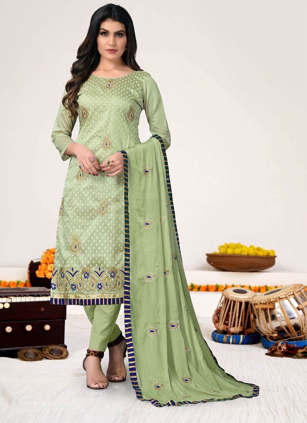 Embroidered Chanderi Cotton Pant Style Suit in Green