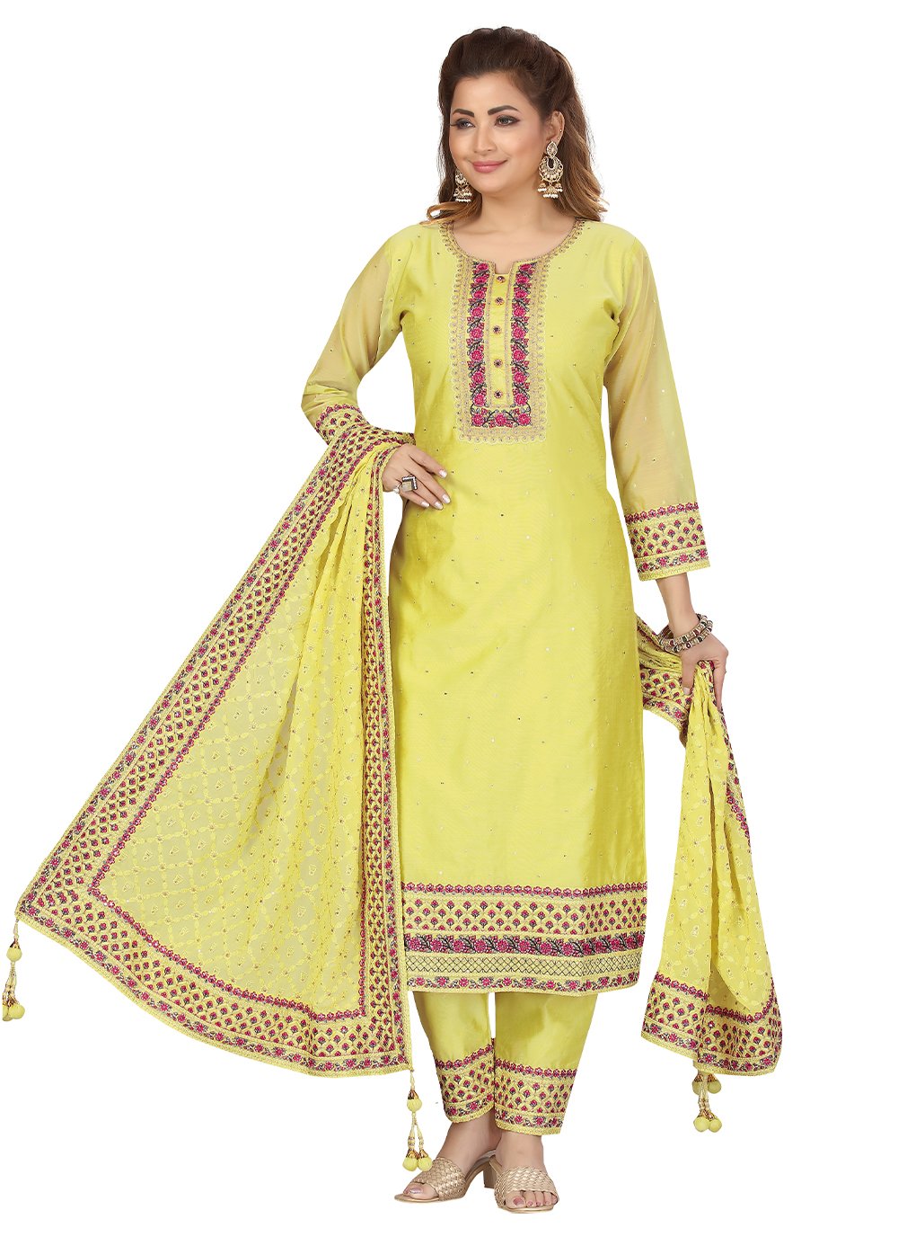 Embroidered Chanderi Green Readymade Salwar Suit