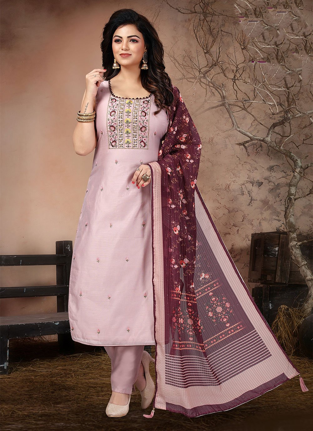 Embroidered Chanderi Pant Style Suit in Mauve 