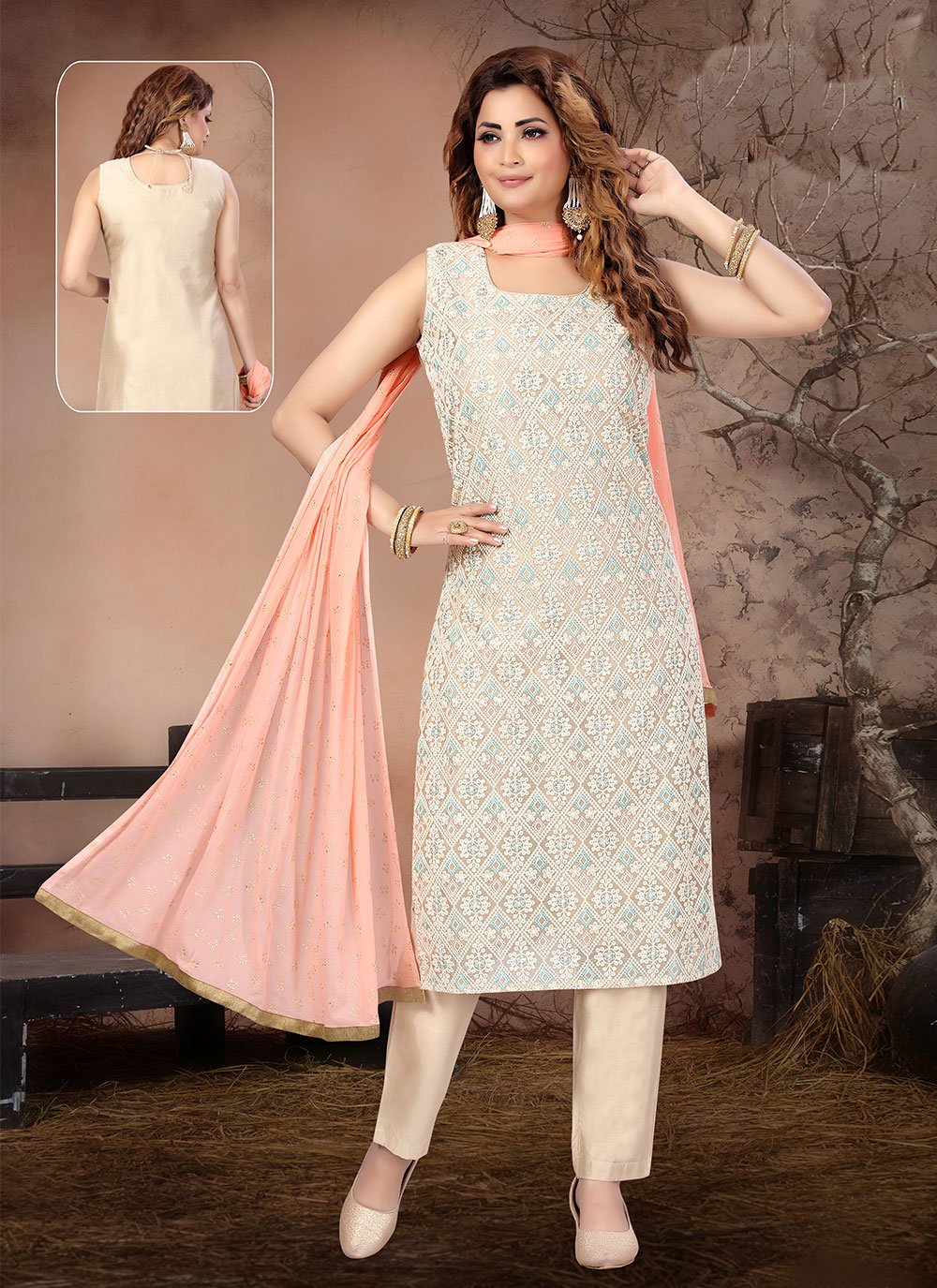 Embroidered Chanderi Peach Readymade Salwar Suit