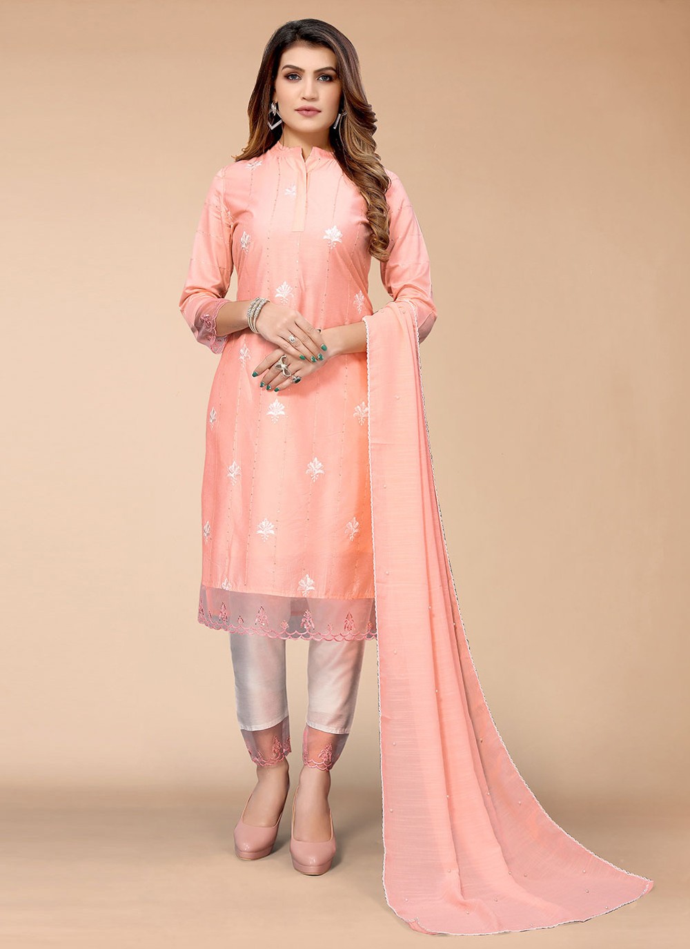 Embroidered Chanderi Pink Straight Salwar Suit