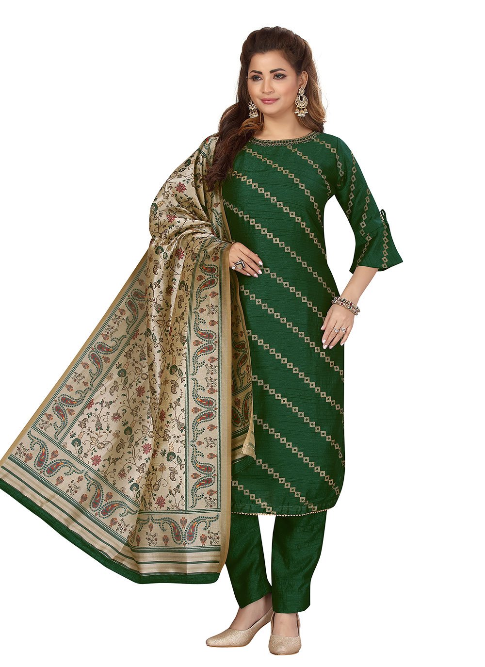 Embroidered Chanderi Readymade Salwar Suit in Green