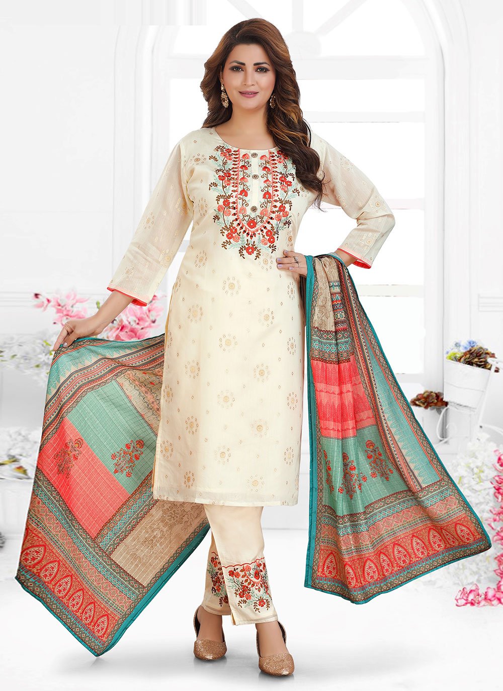 Embroidered Chanderi Silk Pant Style Suit in Cream