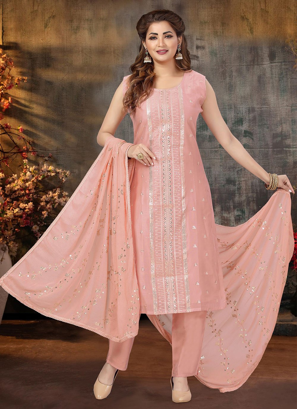 Embroidered Chanderi Silk Pink Readymade Salwar Suit