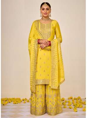 Embroidered Chinon Palazzo Salwar Suit in Yellow