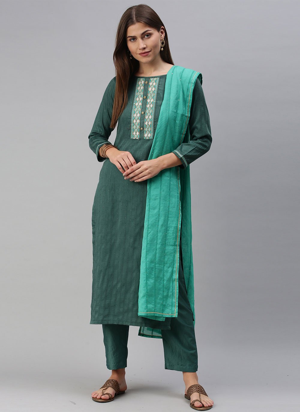 Embroidered Chinon Trendy Salwar Suit in Green