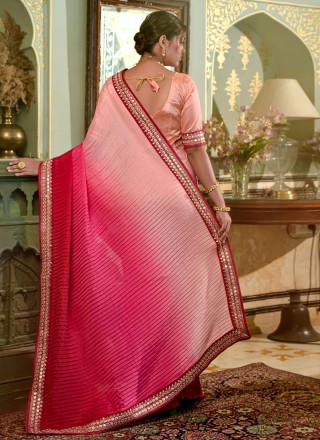 Embroidered Chinon Trendy Saree in Pink