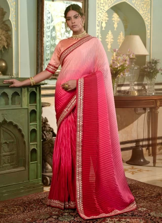 Embroidered Chinon Trendy Saree in Pink