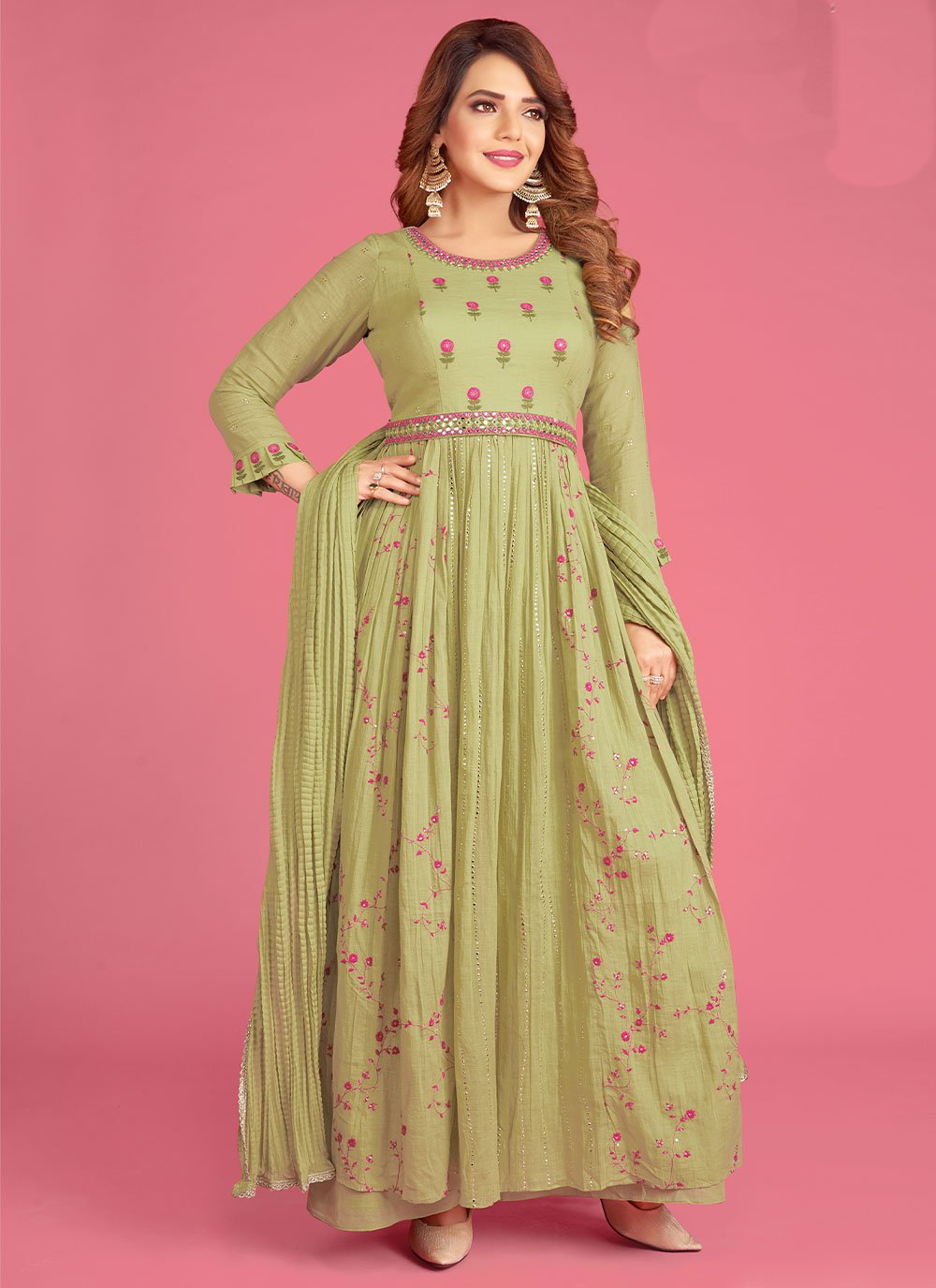 Embroidered Cotton Green Readymade Anarkali Salwar Suit