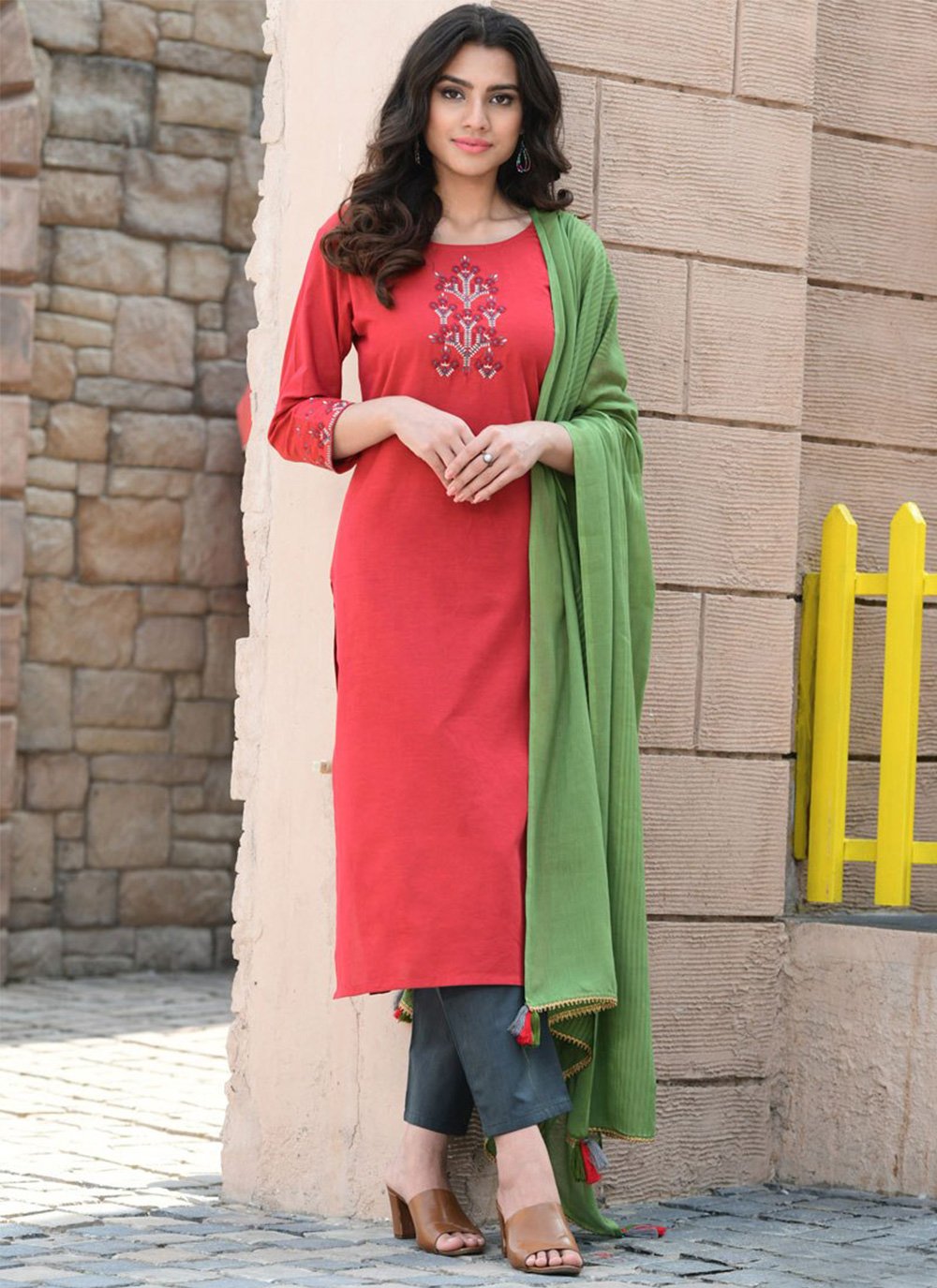 Embroidered Cotton Pant Style Suit in Red