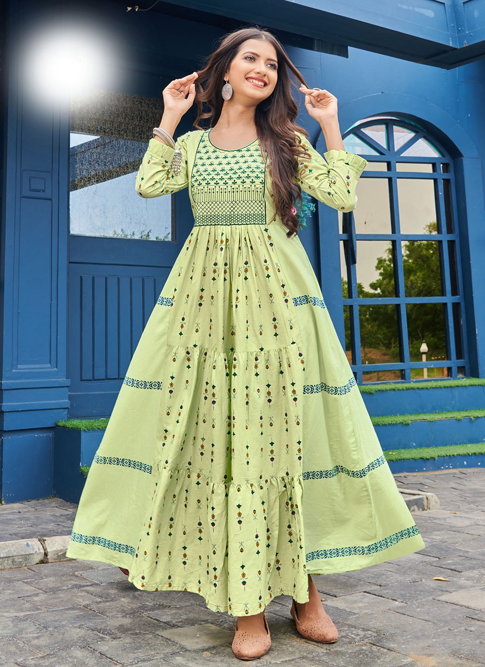 Embroidered Cotton Party Wear Kurti in Green