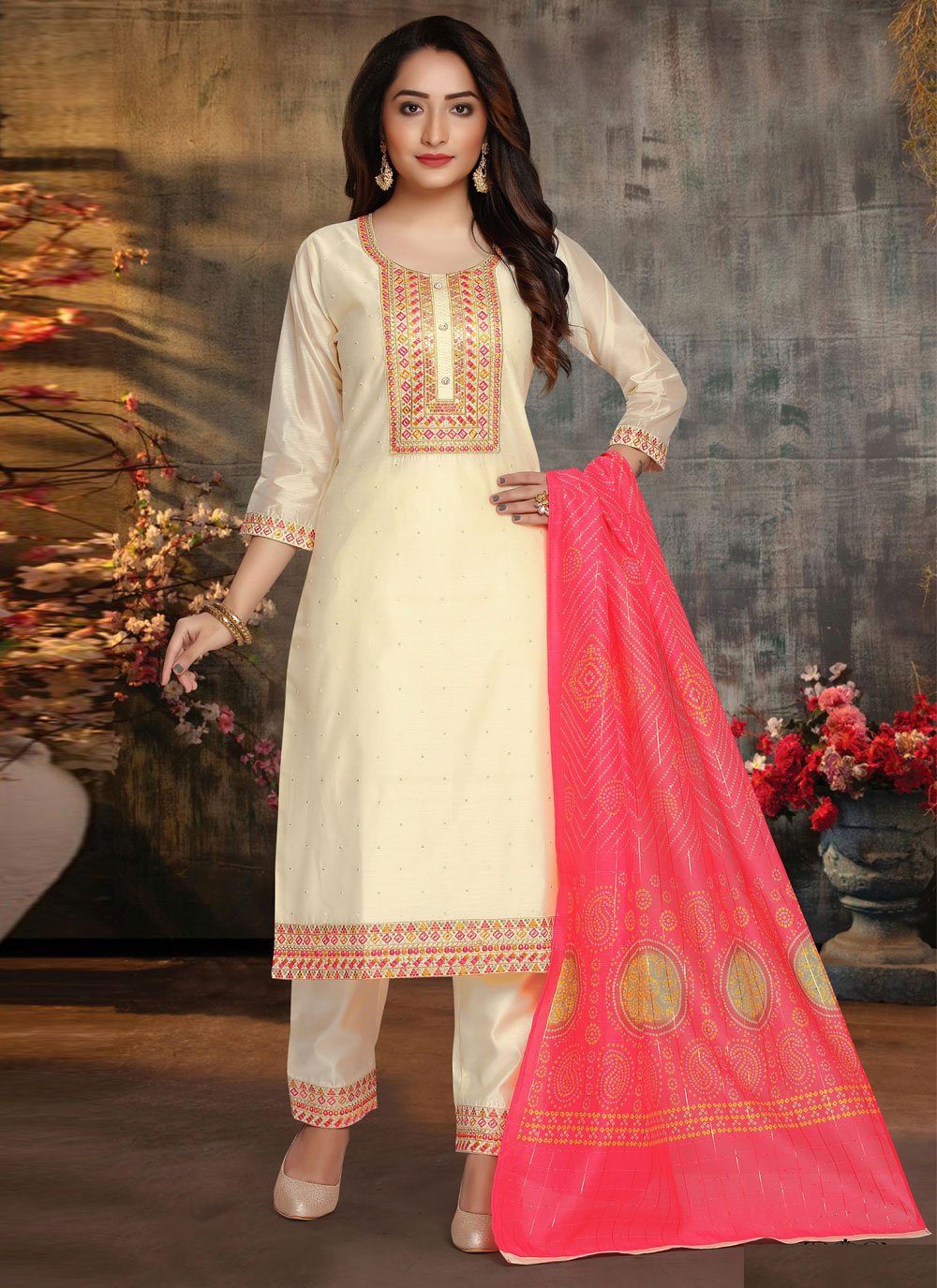 Embroidered Cream Chanderi Silk Pant Style Suit