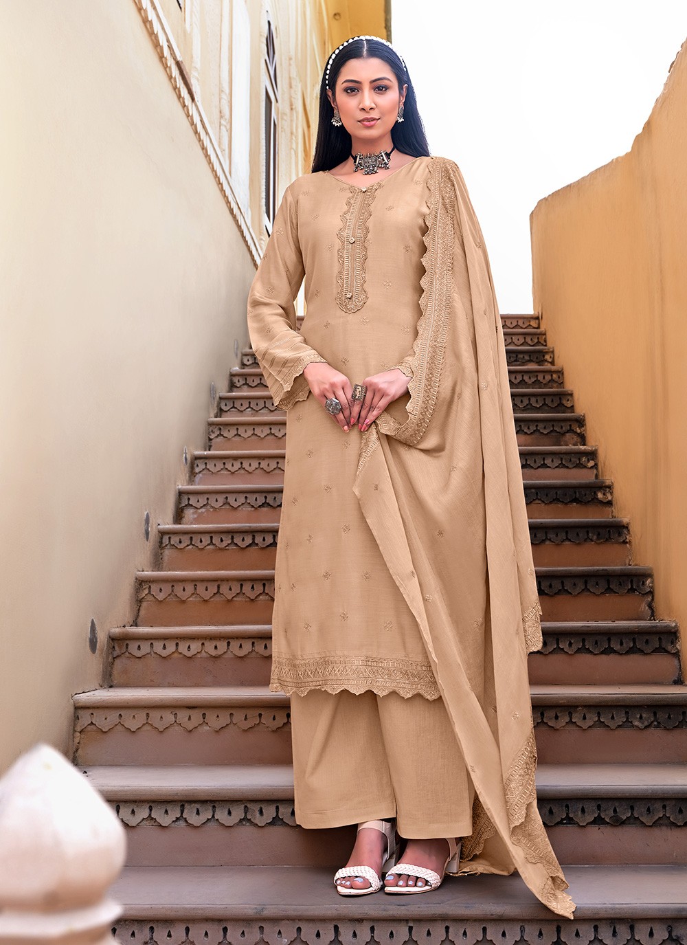 Embroidered Cream Muslin Designer Pakistani Suit