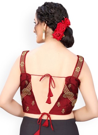 Embroidered Dupion Silk Blouse in Maroon