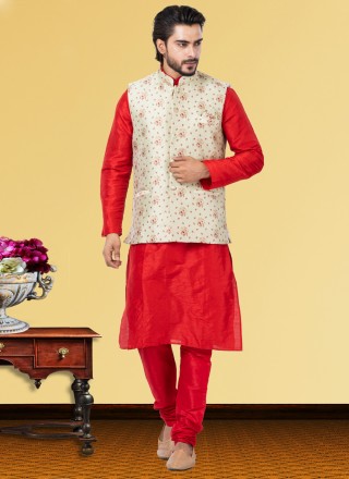 Embroidered Dupion Silk Kurta Payjama With Jacket in Cream and Red