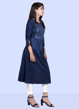 Embroidered Fancy Fabric Navy Blue Party Wear Kurti