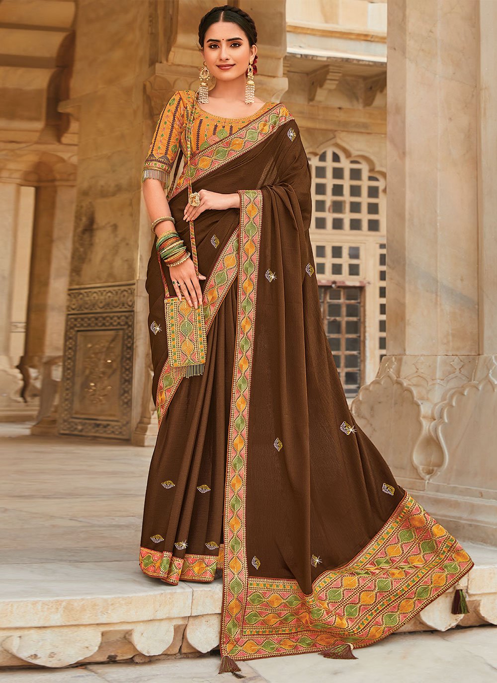 Embroidered Faux Crepe Brown Classic Saree