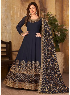 Embroidered Faux Georgette Anarkali Salwar Kameez in Black