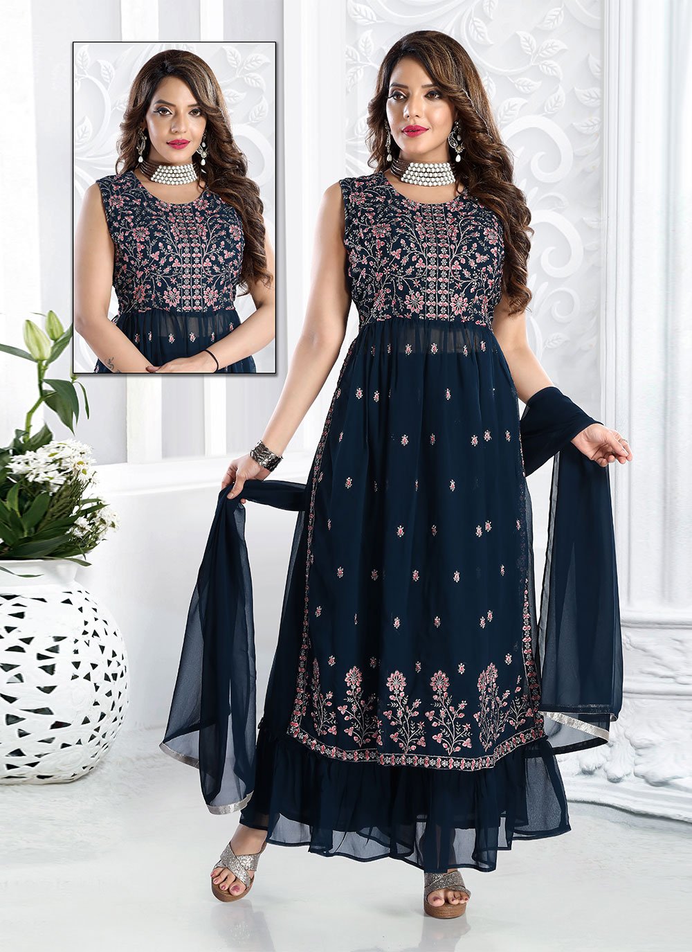 Embroidered Faux Georgette Blue Readymade Salwar Suit