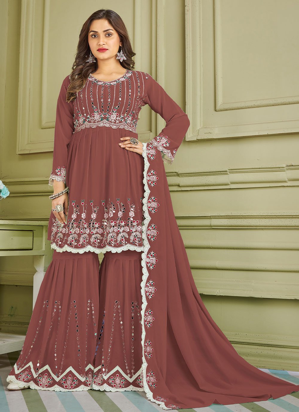 Embroidered Faux Georgette Brown Palazzo Salwar Suit