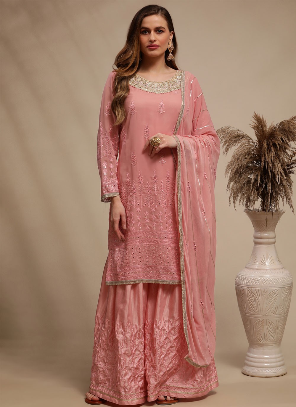 Embroidered Faux Georgette Designer Pakistani Suit in Pink