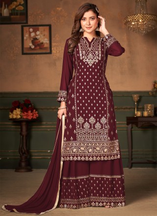 Embroidered Faux Georgette Maroon Pakistani Straight Suit