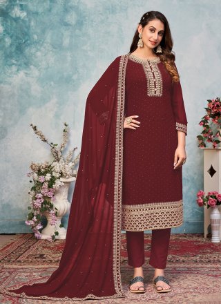 Faux Georgette Pant Style Suit in Maroon