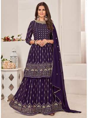 Embroidered Faux Georgette Purple Palazzo Salwar Suit