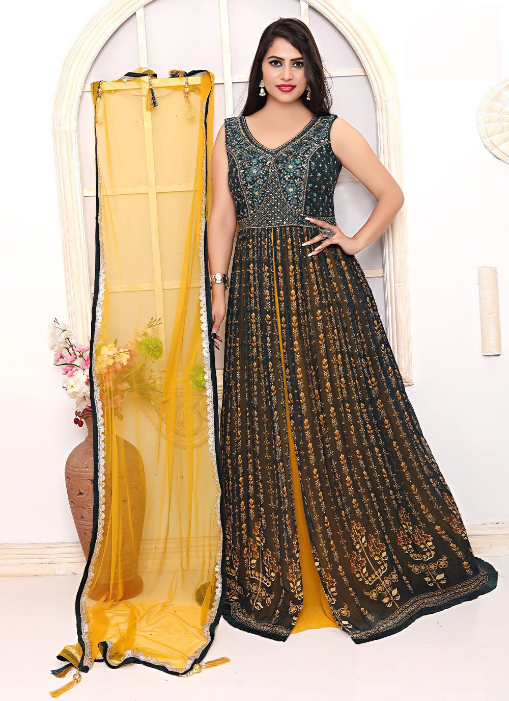 Embroidered Faux Georgette Readymade Gown