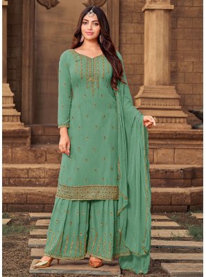 Embroidered Faux Georgette Sea Green Designer Pakistani Suit