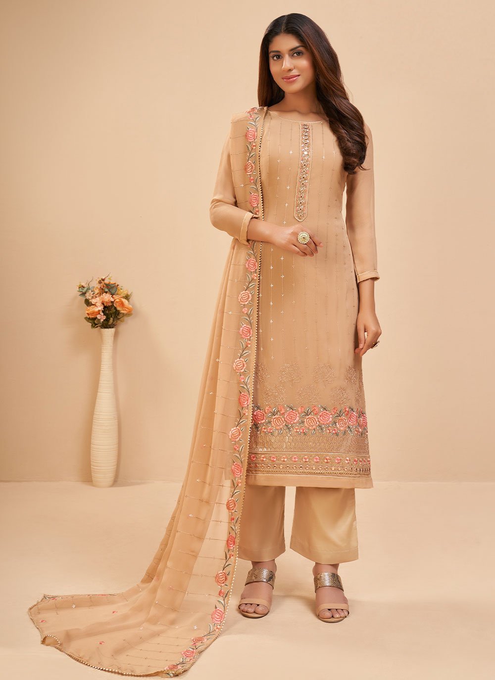 Embroidered Georgette Beige Palazzo Salwar Suit