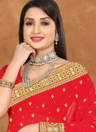 Embroidered Georgette Classic Saree in Red