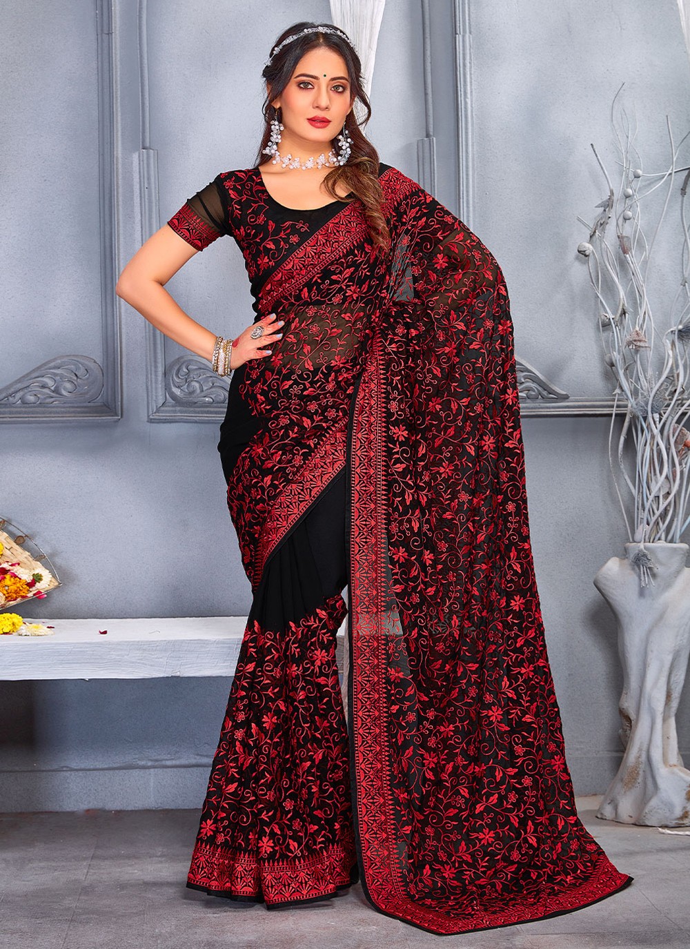 Embroidered Georgette Contemporary Style Saree