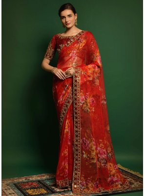 Embroidered Georgette Contemporary Style Saree in Red