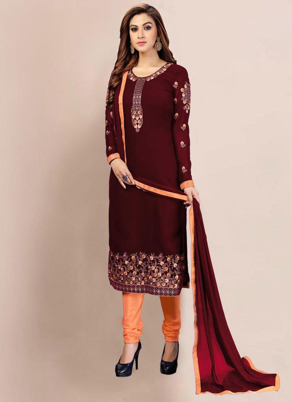 Embroidered Georgette Maroon Pakistani Salwar Suit