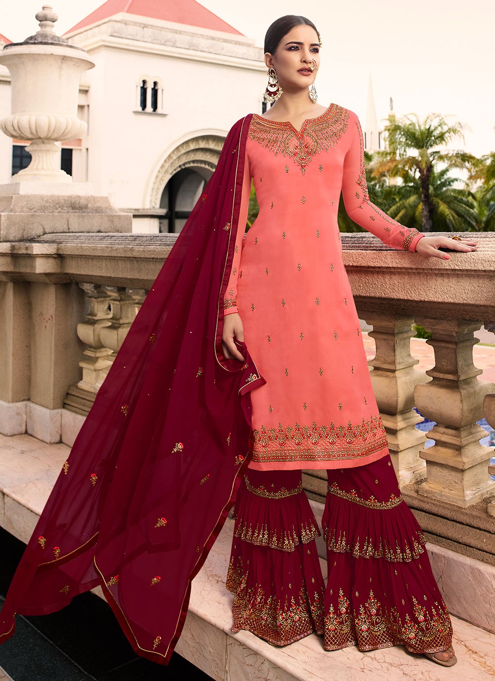 Embroidered Georgette Palazzo Salwar Suit in Peach