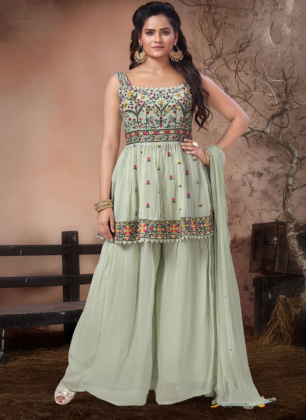 Embroidered Georgette Palazzo Suit