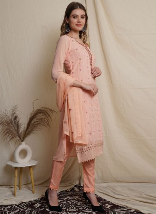 Embroidered Georgette Peach Pant Style Suit