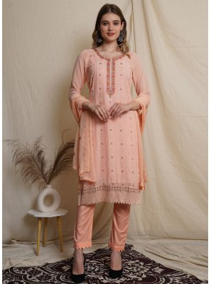 Embroidered Georgette Peach Pant Style Suit