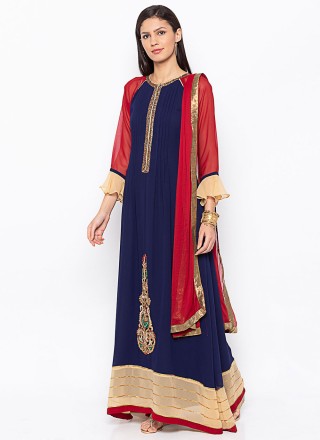 Embroidered Georgette Readymade Anarkali Suit in Navy Blue