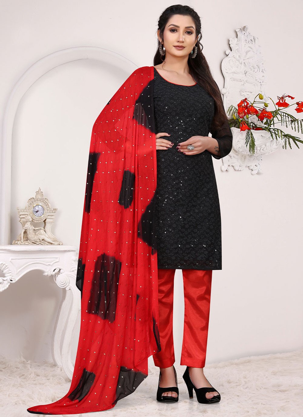 Embroidered Georgette Red Designer Straight Salwar Suit