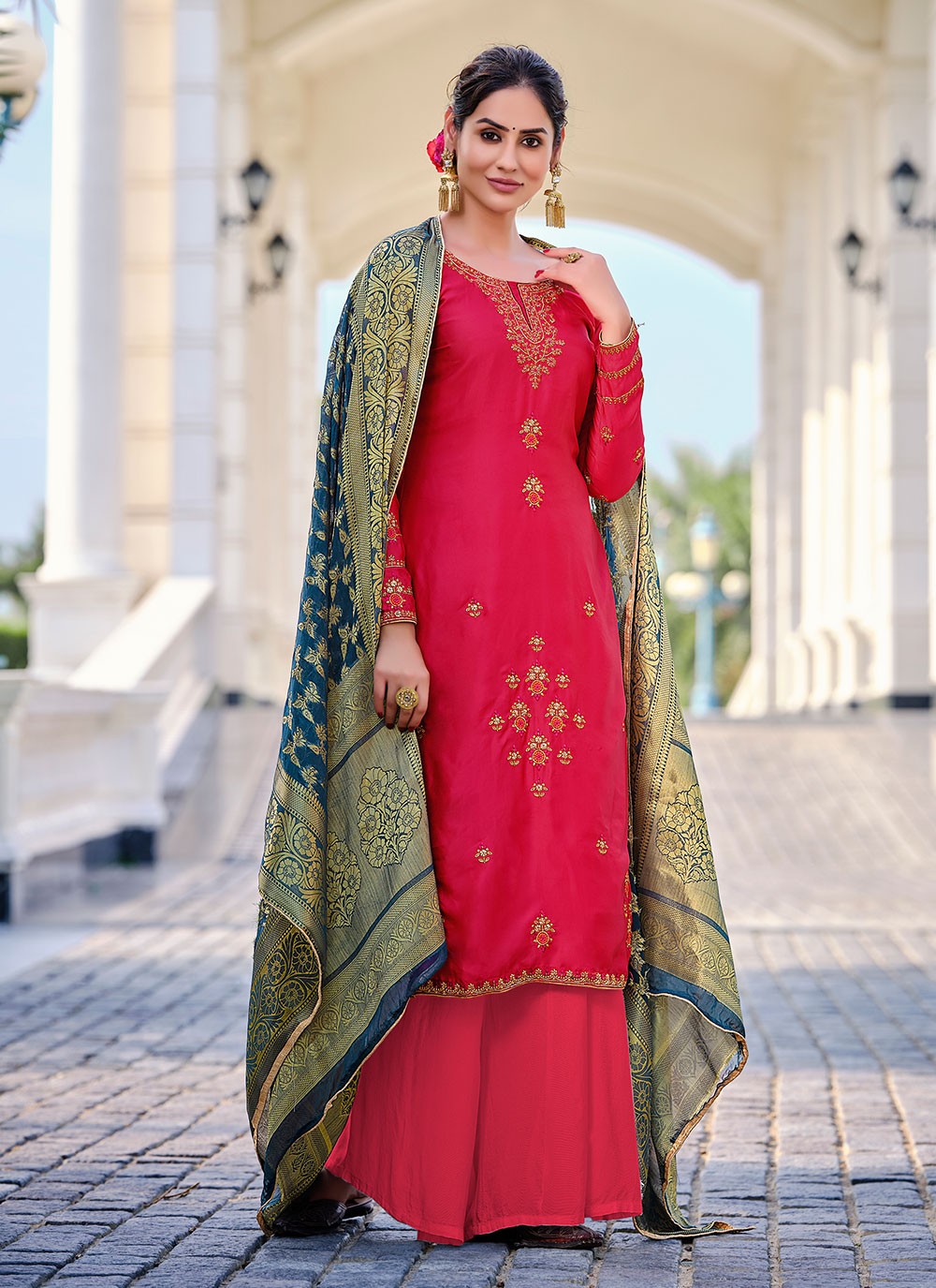Embroidered Georgette Satin Designer Pakistani Suit in Red