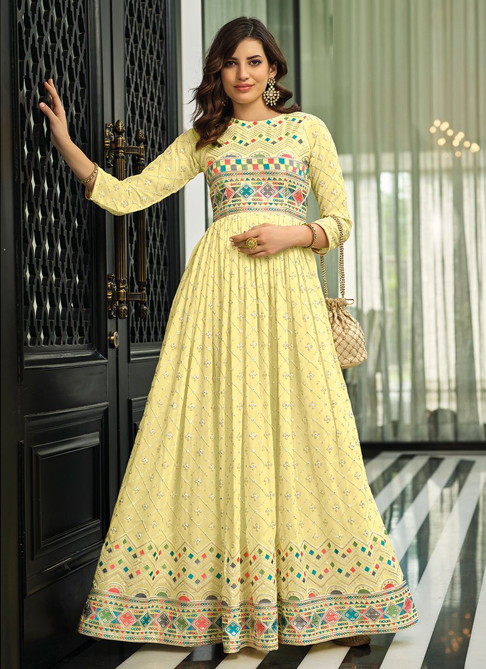 Embroidered Georgette Trendy Gown in Yellow
