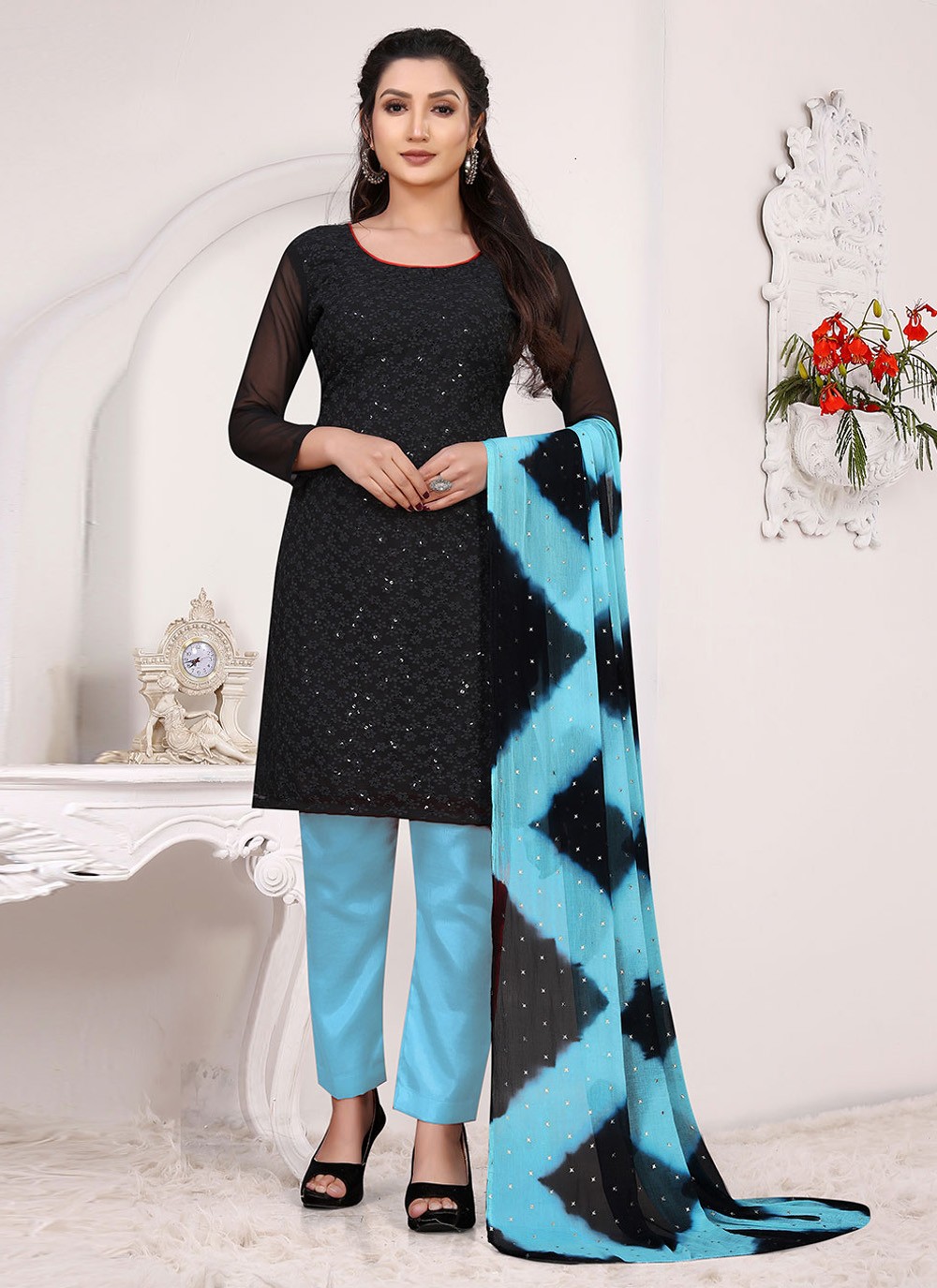 Embroidered Georgette Trendy Salwar Kameez in Blue