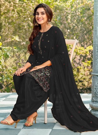 Embroidered Georgette Trendy Salwar Suit in Black