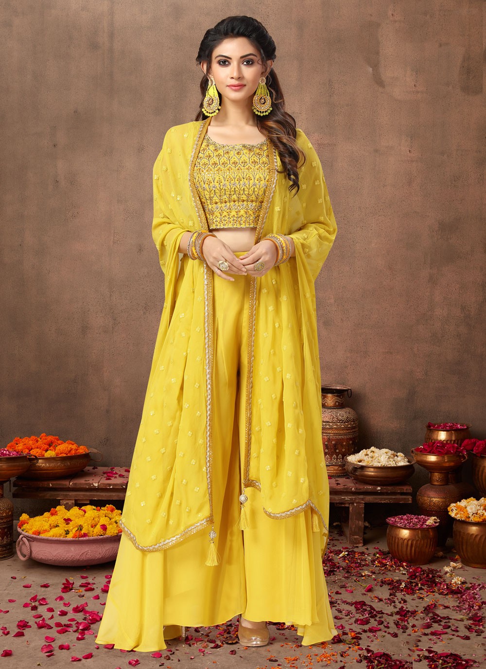 Embroidered Georgette Yellow Designer Palazzo Suit
