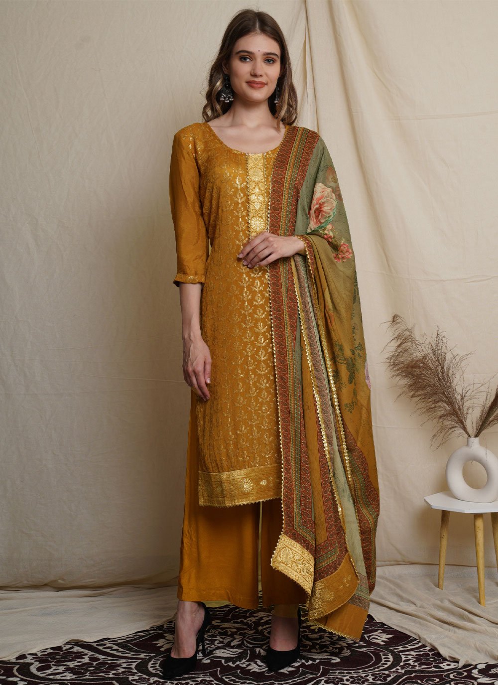 Embroidered Gold Designer Pakistani Suit 