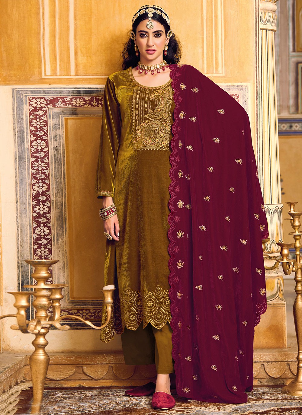 Embroidered Gold Velvet Salwar Suit