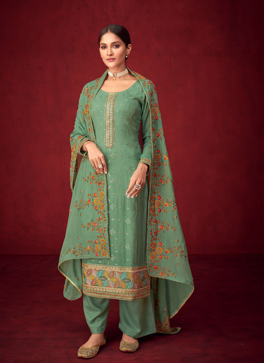 Embroidered Green Faux Georgette Designer Pakistani Salwar Suit