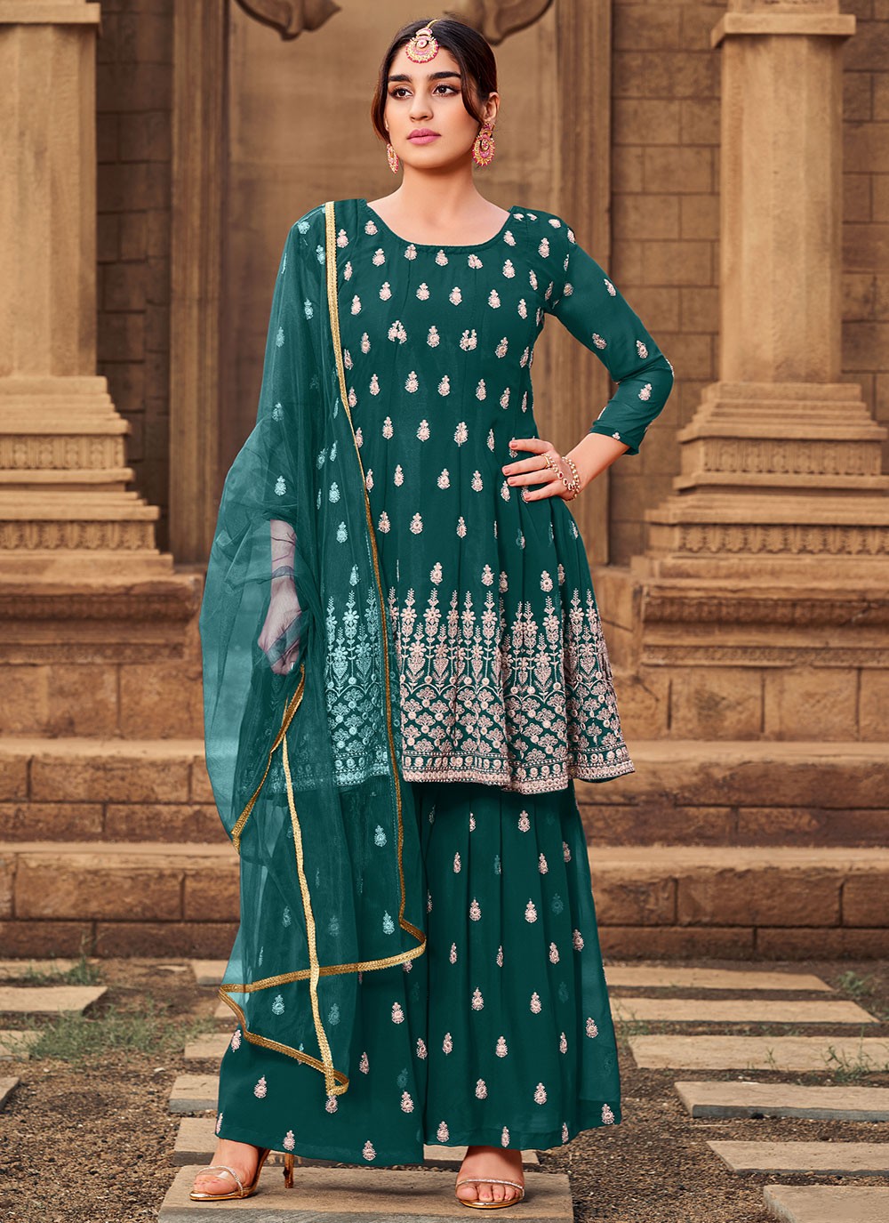 Embroidered Green Faux Georgette Designer Pakistani Suit